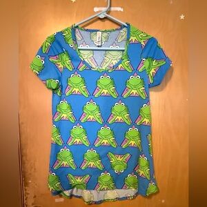 LuLaRoe Kermit the Frog Muppets Blue Green Hi-Low Classic Tee • XXS • EUC